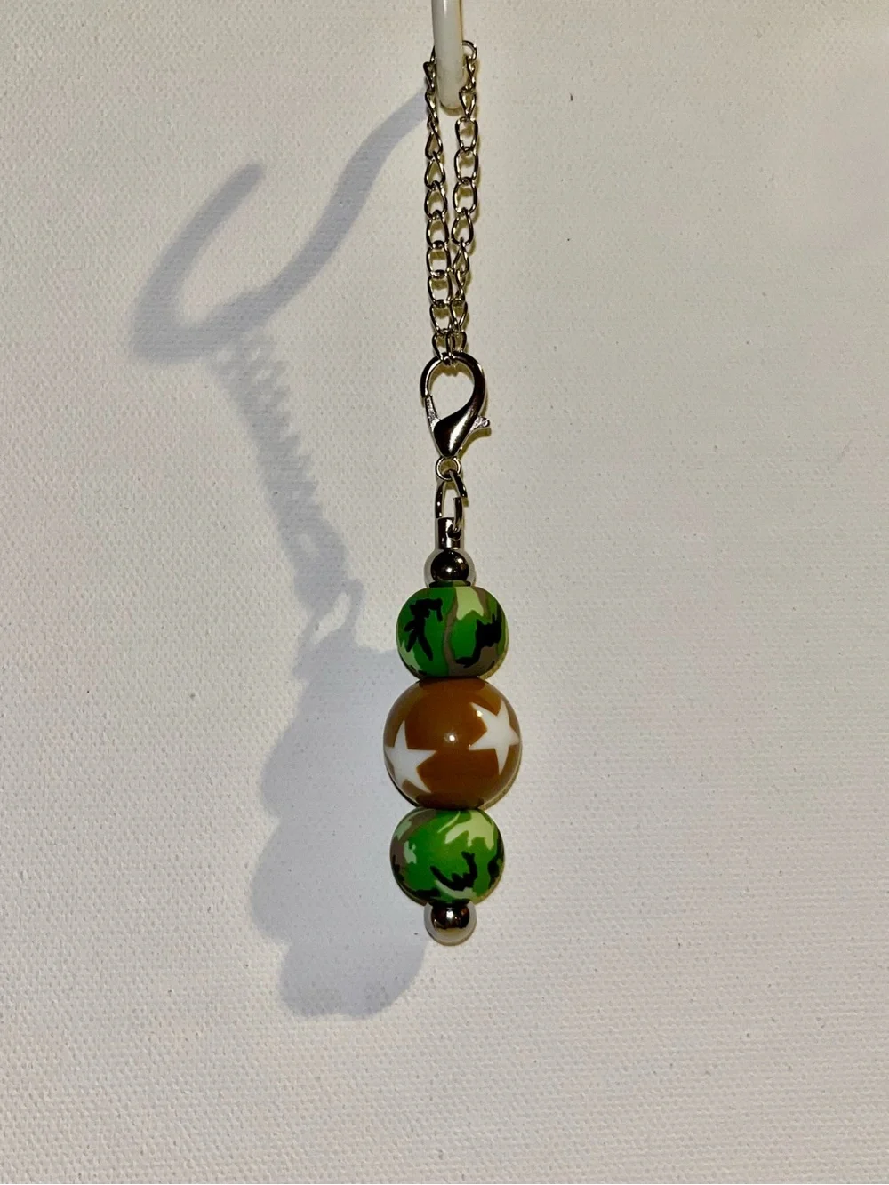 Silver-tone Cup Charm w/Green & Brown Star & Camouflage-Accented Beads